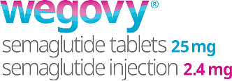 Wegovy semaglutide tablets 25 mg, semaglutide injection 2.4 milligrams logo.