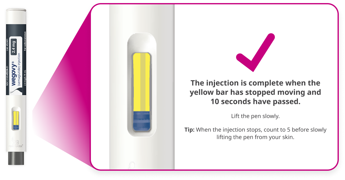 The injection is complete when the yellow bar has stopped moving and 10 seconds have passed.