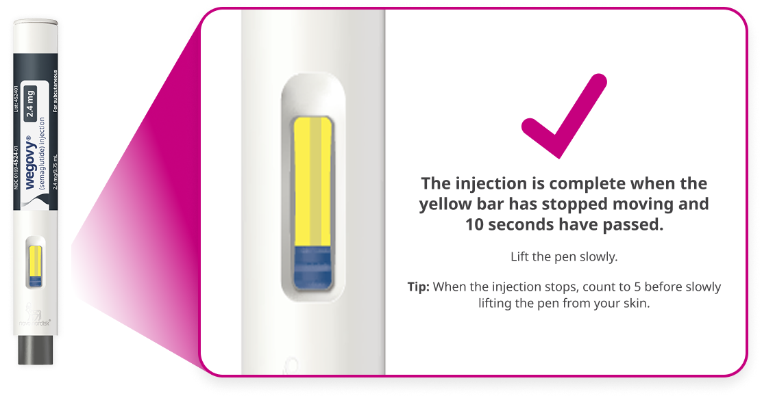 The injection is complete when the yellow bar has stopped moving and 10 seconds have passed.