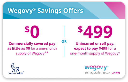 Wegovy savings card. Commercially covered pay as little as [$0] per month. Expect to pay [$499] per month if you pay cash.*