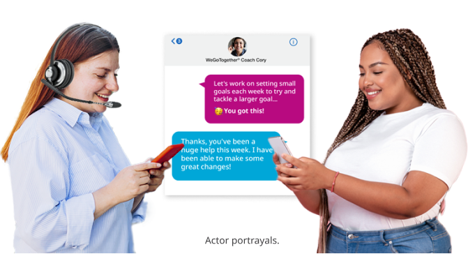 Two feminine-presenting people, a light skin toned Coach and a dark skin toned patient, texting each other. Actor portrayals.