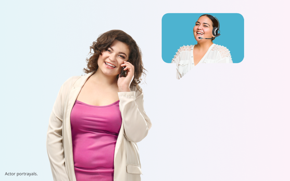 A medium skin toned feminine-presenting person representing a Health Coach is smiling and wearing a headset, speaking to a light skin toned, feminine-presenting person representing a patient.