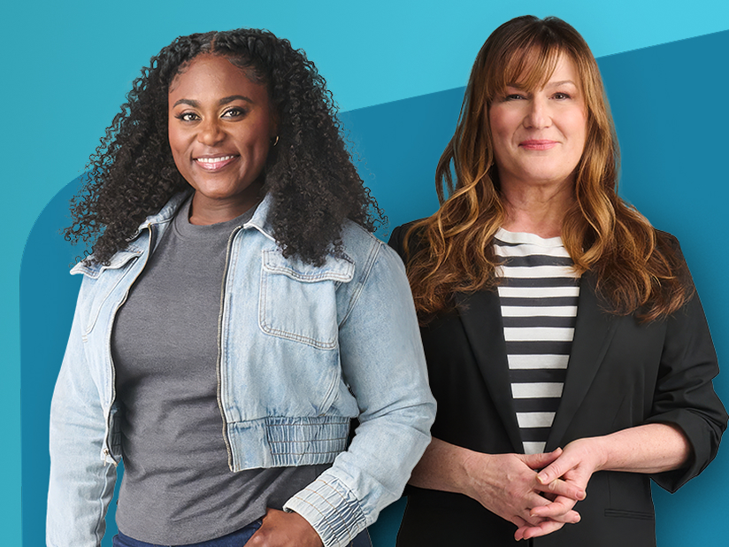 Danielle Brooks, DJ Khaled, Ana Gasteyer, and Kenan Thompson against a blue background and smiling