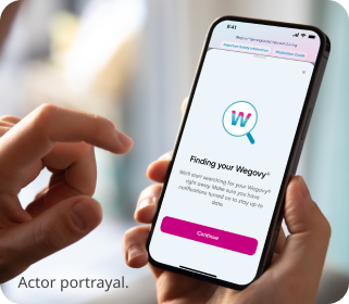 A smartphone screen showing a web page to download the Find My Meds app. Actor portrayal.
