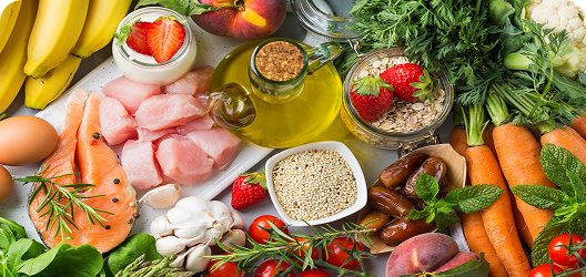 A spread of healthy fruits, vegetables, and proteins.